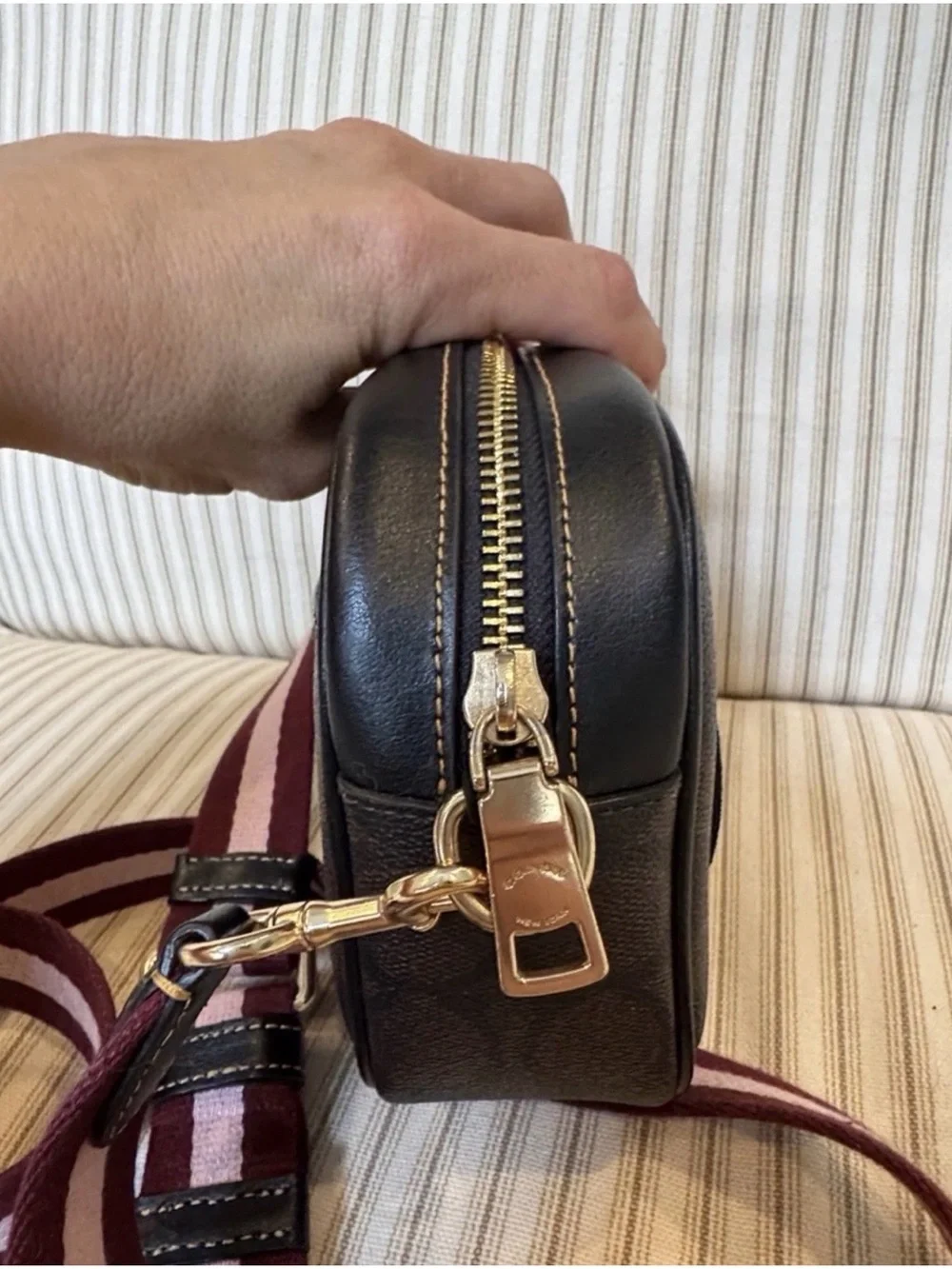 Coach Brown Leather Crossbody Camera Bag with Burgundy Stripe Strap NWOT